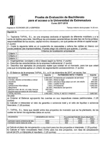 Prueba de Evaluación de Bachillerato para el acceso a la Universidad de Extremadura Curso 20172018 Asignatura ECONOMÍA DE LA EMPRESA Tiempo máximo de la prueba 1h30 min Opción A 1 Tapicería TAPIAL SL es una empresa dedicada al tapizado de diferente mobiliario y a la venta de tejidos para éste Identifique las principales características de este tipo de forma jurídica responsabilidad de los socios capital mínimo necesario y en qué partes se divide el capital social 1 punto 2 Copie la siguiente ta…