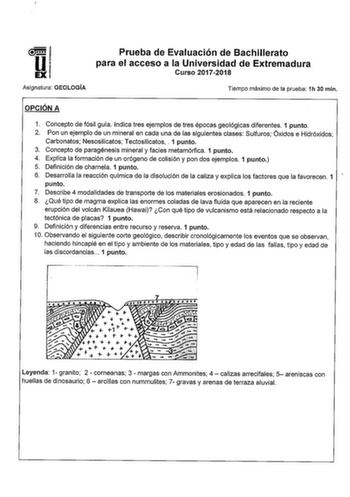 DI 1 Prueba de Evaluación de Bachillerato para el acceso a la Universidad de Extremadura Curso 20172018 Asignatura GEOLOGÍA Tiempo máximo de la prueba 1h 30 min OPCIÓN A 1 Concepto de fósil guía Indica tres ejemplos de tres épocas geológicas diferentes 1 punto 2 Pon un ejemplo de un mineral en cada una de las siguientes clases Sulfuros óxidos e Hidróxidos Carbonatos Nesosilicatos Tectosilicatos  1 punto 3 Concepto de paragénesis mineral y facies metamórfica 1 punto 4 Explica la formación de un …