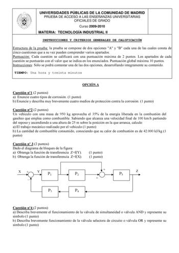 UNIVERSIDADES PÚBLICAS DE LA COMUNIDAD DE MADRID PRUEBA DE ACCESO A LAS ENSEÑANZAS UNIVERSITARIAS OFICIALES DE GRADO Curso 20092010 MATERIA TECNOLOGÍA INDUSTRIAL II INSTRUCCIONES Y CRITERIOS GENERALES DE CALIFICACIÓN Estructura de la prueba la prueba se compone de dos opciones A y B cada una de las cuales consta de cinco cuestiones que a su vez pueden comprender varios apartados Puntuación Cada cuestión se calificará con una puntuación máxima de 2 puntos Los apartados de cada cuestión se puntua…