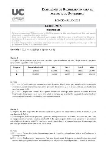 Examen de Economía de la Empresa (EBAU de 2022)