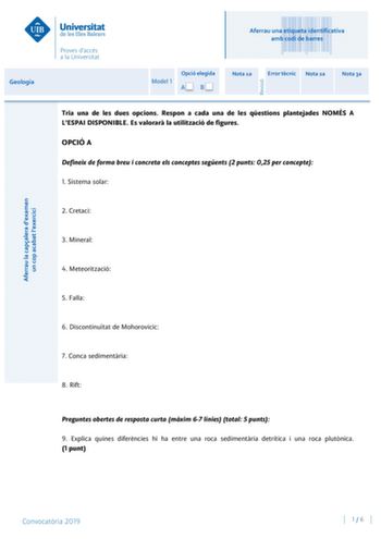 Examen de Geología y Ciencias Ambientales (PBAU de 2019)