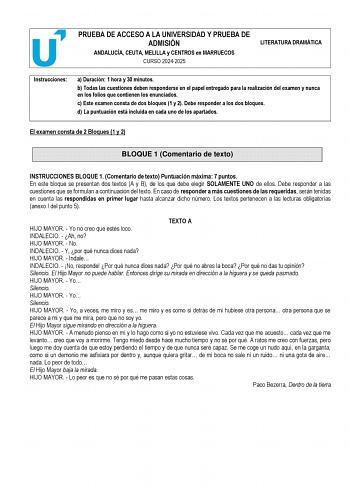 Examen de Literatura Dramática (PEvAU de 2025)