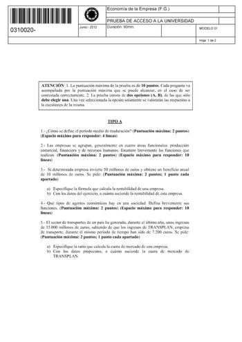 Examen de Economía de la Empresa (PAU de 2012)