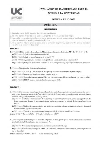 Examen de Química (EBAU de 2022)