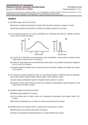 UNIVERSIDAD DE ZARAGOZA PRUEBA DE ACCESO A ESTUDIOS UNIVERSITARIOS Ejercicio de CIENCIAS DE LA TIERRA SEPTIEMBRE DE 2008 Tiempo disponible 1 h 30 m Se valorará el uso de vocabulario y la notación científica Los errores ortográficos el desorden la falta de limpieza en la presentación y la mala redacción podrán suponer una disminución hasta de un punto en la calificación salvo casos extremos PUNTUACIÓN QUE SE OTORGARÁ A ESTE EJERCICIO véanse las distintas partes del examen OPCIÓN A 1 a Defina rie…