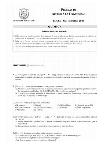 Examen de Química (selectividad de 2008)