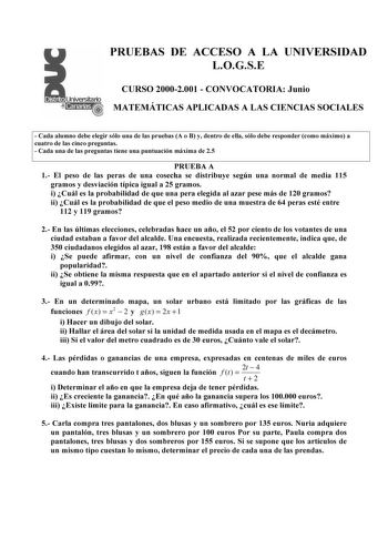 Examen de Matemáticas Aplicadas a las Ciencias Sociales (selectividad de 2001)