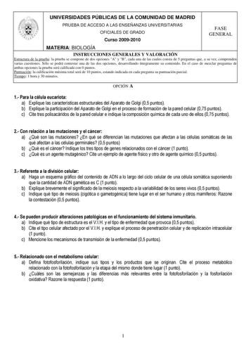 Examen de Biología (PAU de 2010)