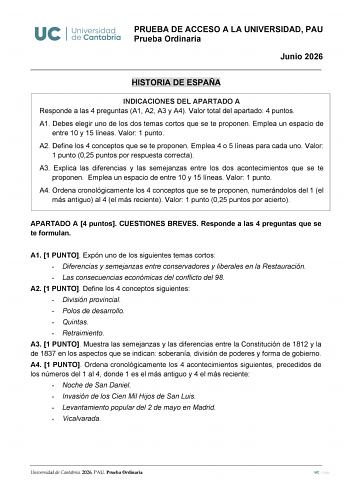 Historia de España – EBAU Cantabria (2026)