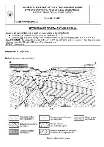 UNIVERSIDADES PÚBLICAS DE LA COMUNIDAD DE MADRID EVALUACIÓN PARA EL ACCESO A LAS ENSEÑANZAS UNIVERSITARIAS OFICIALES DE GRADO MATERIA GEOLOGÍA Curso 20222023 INSTRUCCIONES GENERALES Y CALIFICACIÓN Después de leer atentamente el examen responda de la siguiente forma  conteste una pregunta a elegir entre las preguntas A1 o B1  conteste dos preguntas a elegir indistintamente entre las siguientes preguntas A2 B2 A3 B3 CALIFICACIÓN La pregunta elegida entre A1 o B1 se calificará sobre 4 puntos y las…