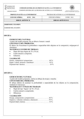 GENERALITAT VALENCIANA CONSELLERIA DEDUCACIÓ COMISSIÓ GESTORA DE LES PROVES DACCÉS A LA UNIVERSITAT COMISIÓN GESTORA DE LAS PRUEBAS DE ACCESO A LA UNIVERSIDAD e   111  SISTEIA lHI VERS ITARI VAUICIÁ SISTEMA UNIVERSITARIO VA LITNCIANO PROVES DACCÉS A LA UNIVERSITAT CONVOCATRIA JUNY 2011 PRUEBAS DE ACCESO A LA UNIVERSIDAD CONVOCATORIA JUNIO 2011 DIBUIX ARTÍSTIC II DIBUJO ARTÍSTICO II BAREM DE LEXAMEN BAREMO DEL EXAMEN OPCIÓ A EXERCICI DEL NATURAL A partir del model proposat feu un dibuix dencaix …