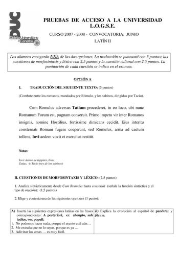Examen de Latín II (selectividad de 2008)