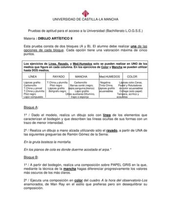 UNIVERSIDAD DE CASTILLALA MANCHA Pruebas de aptitud para el acceso a la Universidad Bachillerato LOGSE Materia  DIBUJO ARTÍSTICO II Esta prueba consta de dos bloques A y B El alumno debe realizar una de las opciones de cada bloque Cada opción tiene una valoración máxima de cinco puntos Los ejercicios de Línea Rayado y MedHumedos solo se pueden realizar en UNO de los medios que figure en cada columna En los ejercicios de Color y Mancha se pueden utilizar hasta DOS medios LÍNEA RAYADO MANCHA MedH…